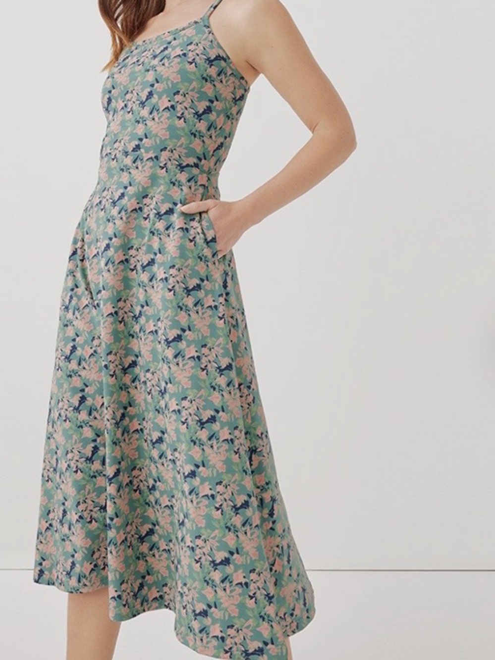 Pact Green Floral Midi Dress with Pink & Navy Details